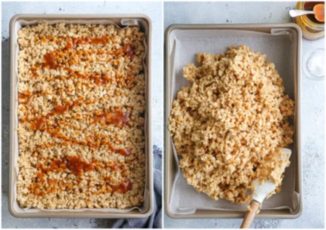 Πίεση των Rice Krispie Treats σε ταψί