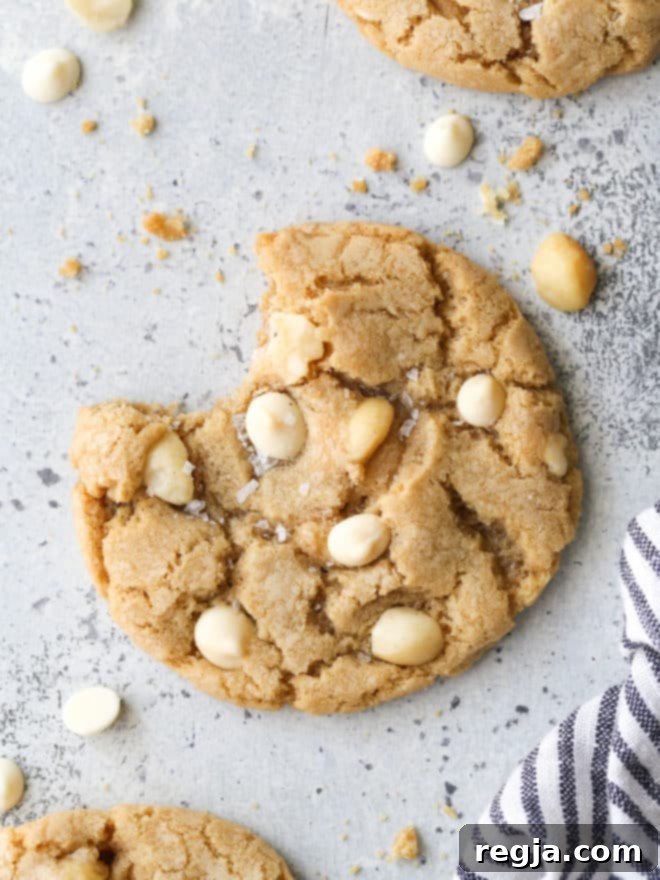 Ένα cookie λευκής σοκολάτας με macadamia με μια δαγκωνιά