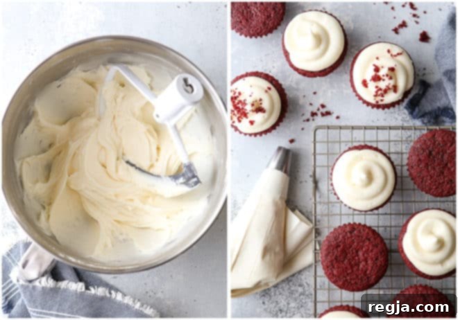 Στολισμός κλασικών κόκκινων βελούδινων cupcakes με frosting τυριού κρέμας