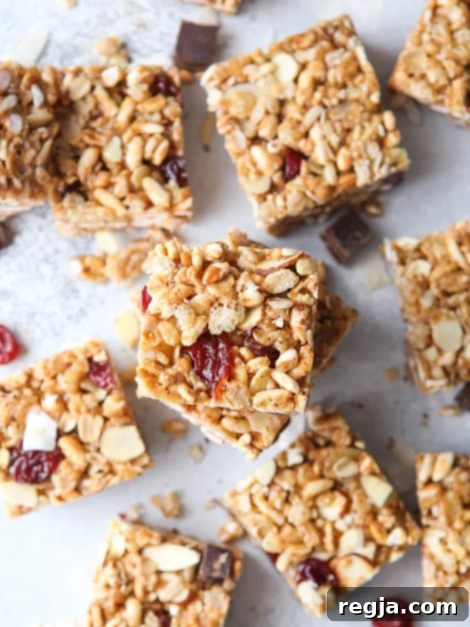 No-bake cereal bars with dried cherries, almonds, and coconut
