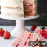Σπιτική πολυεπίπεδη τούρτα φράουλας με φρέσκες φράουλες και επικάλυψη κρέμας τυριού
