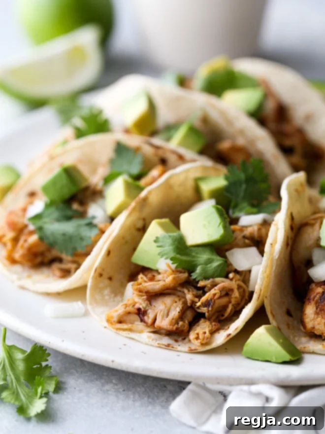 Αυτά τα εύκολα μεξικάνικα street tacos γεμάτα με καρυκευμένο ψιλοκομμένο κοτόπουλο, ψιλοκομμένα κρεμμύδια, αβοκάντο και κόλιανδρο είναι βέβαιο ότι θα γίνουν αγαπημένα από όλους!
