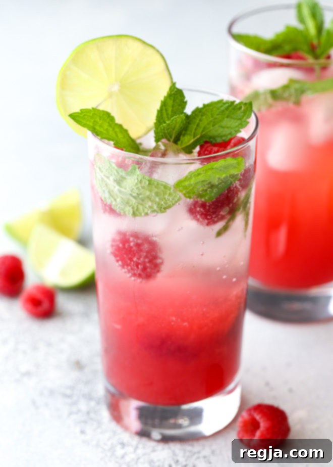 Αυτό το δροσερό κοκτέιλ Mojito με σμέουρα, φτιαγμένο με ρούμι, μέντα, λάιμ και φρέσκα σμέουρα, είναι ιδανικό για τις καλοκαιρινές σας στιγμές χαλάρωσης!