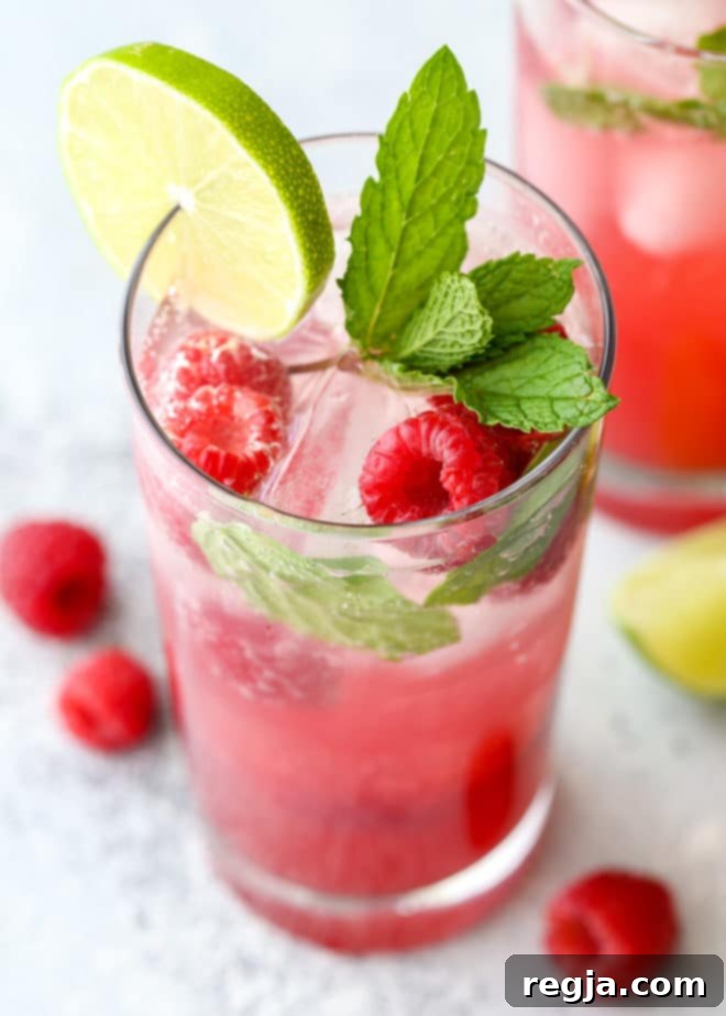 Αυτό το δροσερό κοκτέιλ Mojito με σμέουρα, φτιαγμένο με ρούμι, μέντα, λάιμ και φρέσκα σμέουρα, είναι ιδανικό για τις καλοκαιρινές σας στιγμές χαλάρωσης!
