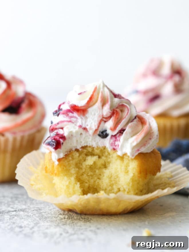 Λεπτεπίλεπτα cupcakes βανίλιας με βουτυρόκρεμα και στριφογυριστή μαρμελάδα μούρων είναι υπέροχα και πεντανόστιμα!