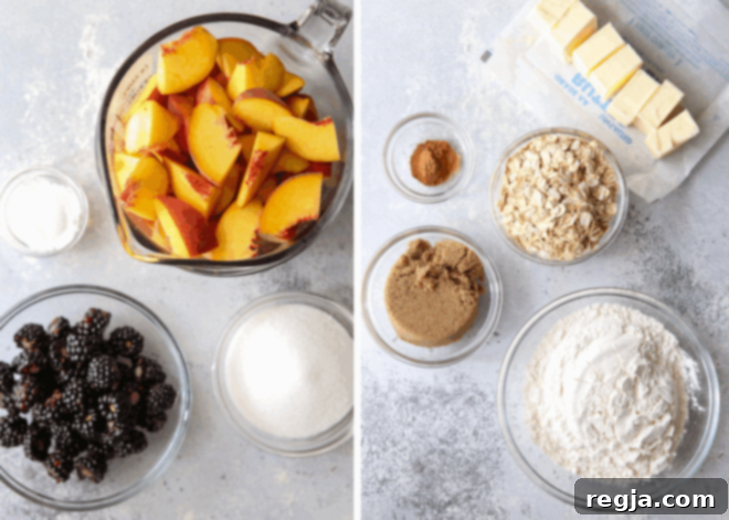 συστατικά για crisp με βατόμουρο και ροδάκινο μετρημένα