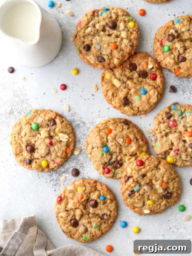 Αυτά τα τεράστια monster cookies είναι η απόλυτη απόλαυση! Είναι γεμάτα με M&Ms, βρώμη, κομματάκια σοκολάτας, φιστίκια και τραγανά δημητριακά ρυζιού.
