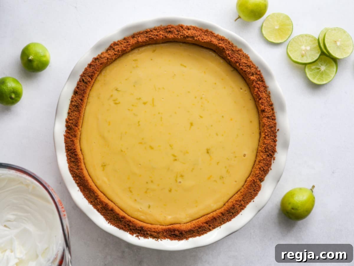 Ψημένη Key Lime Pie σε ταψί με σαντιγί σε μπολ και κομμένα λάιμ