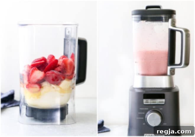 ανάμιξη smoothie φράουλα μπανάνα σε μπλέντερ