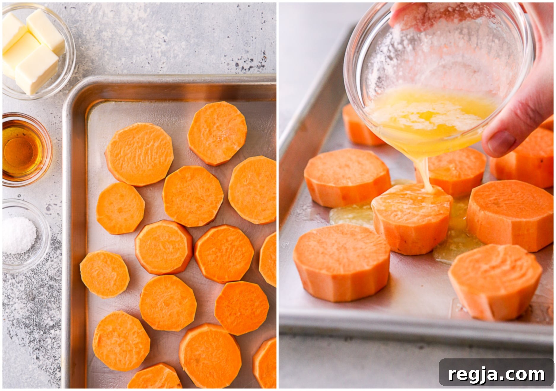 sweet potato rounds ready for baking, pouring butter over the top
