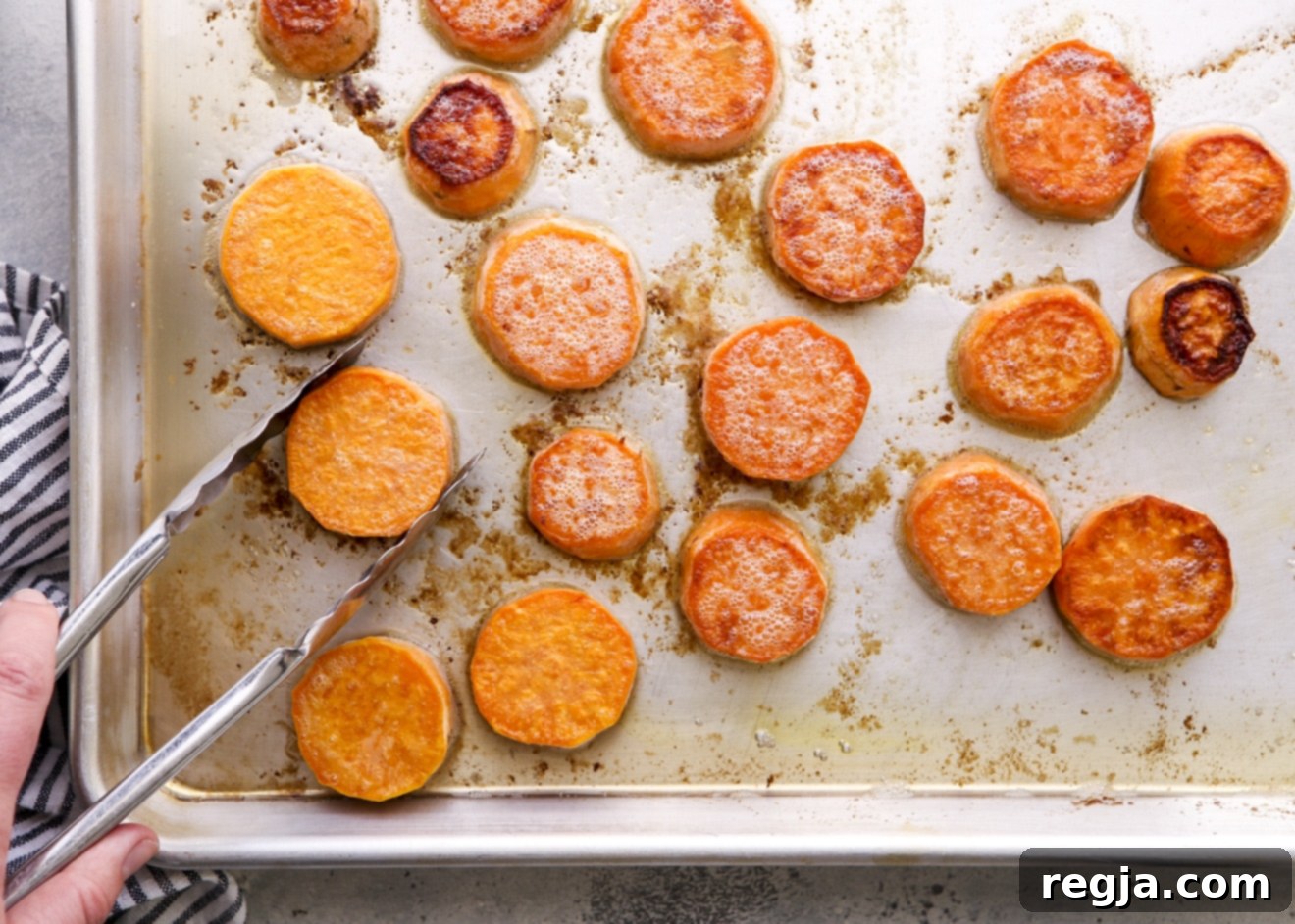 flipping sweet potatoes with tongs