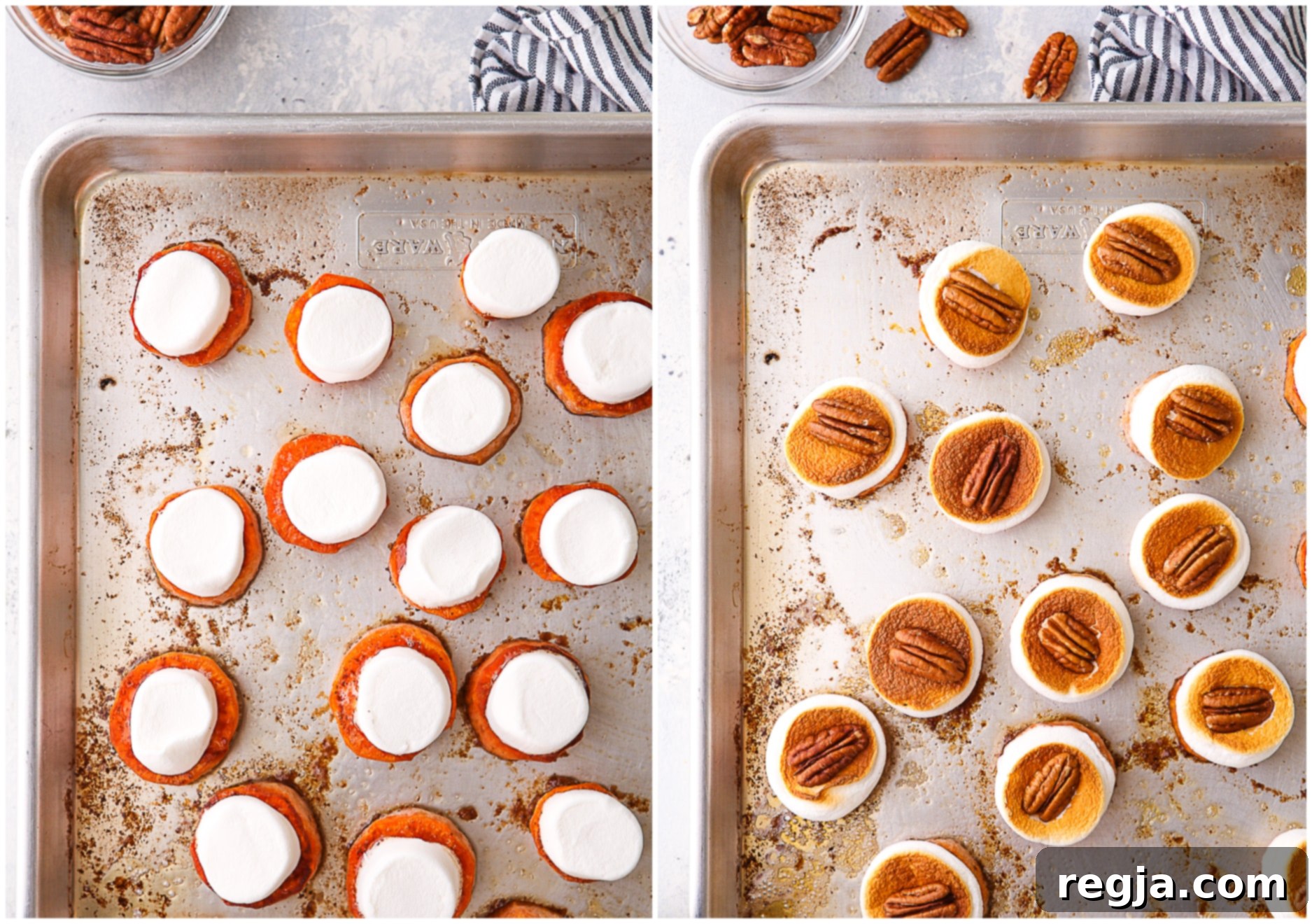 topping sweet potatoes with marshmallows and pecans