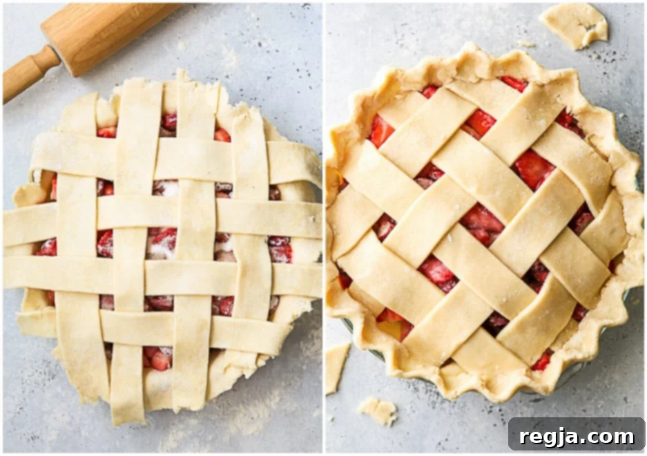 topping strawberry rhubarb pie with lattice pie crust 
