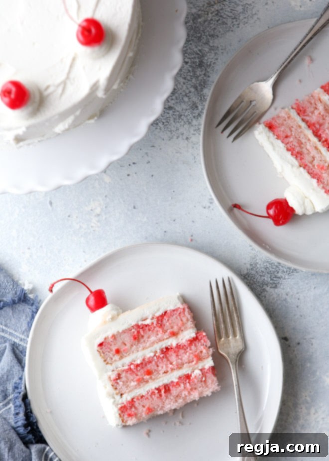 This cherry chip cake, smothered in a fluffy whipped vanilla buttercream, is a homemade version of a boxed cake mix favorite. It’s also the perfect celebration cake!