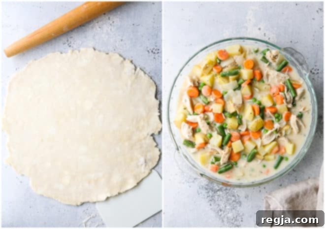 rolling out pie crust dough, and pot pie filling in pie dish