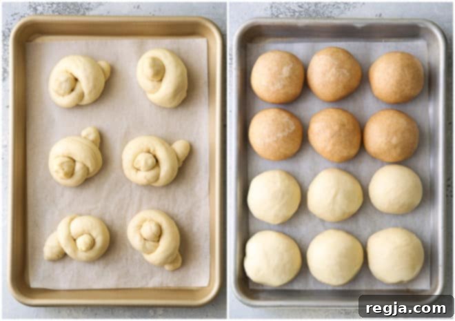 dinner roll knots and rounds before baking