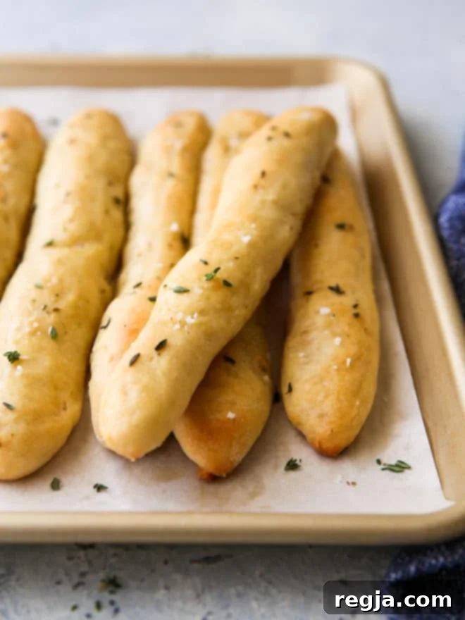 closeup of baked no-knead breadsticks