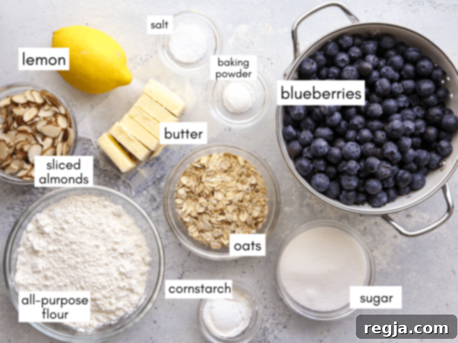 Εικόνα με τα συστατικά για το εύκολο blueberry crisp, συμπεριλαμβανομένων μύρτιλων, αμυγδάλων, βρώμης και άλλων.