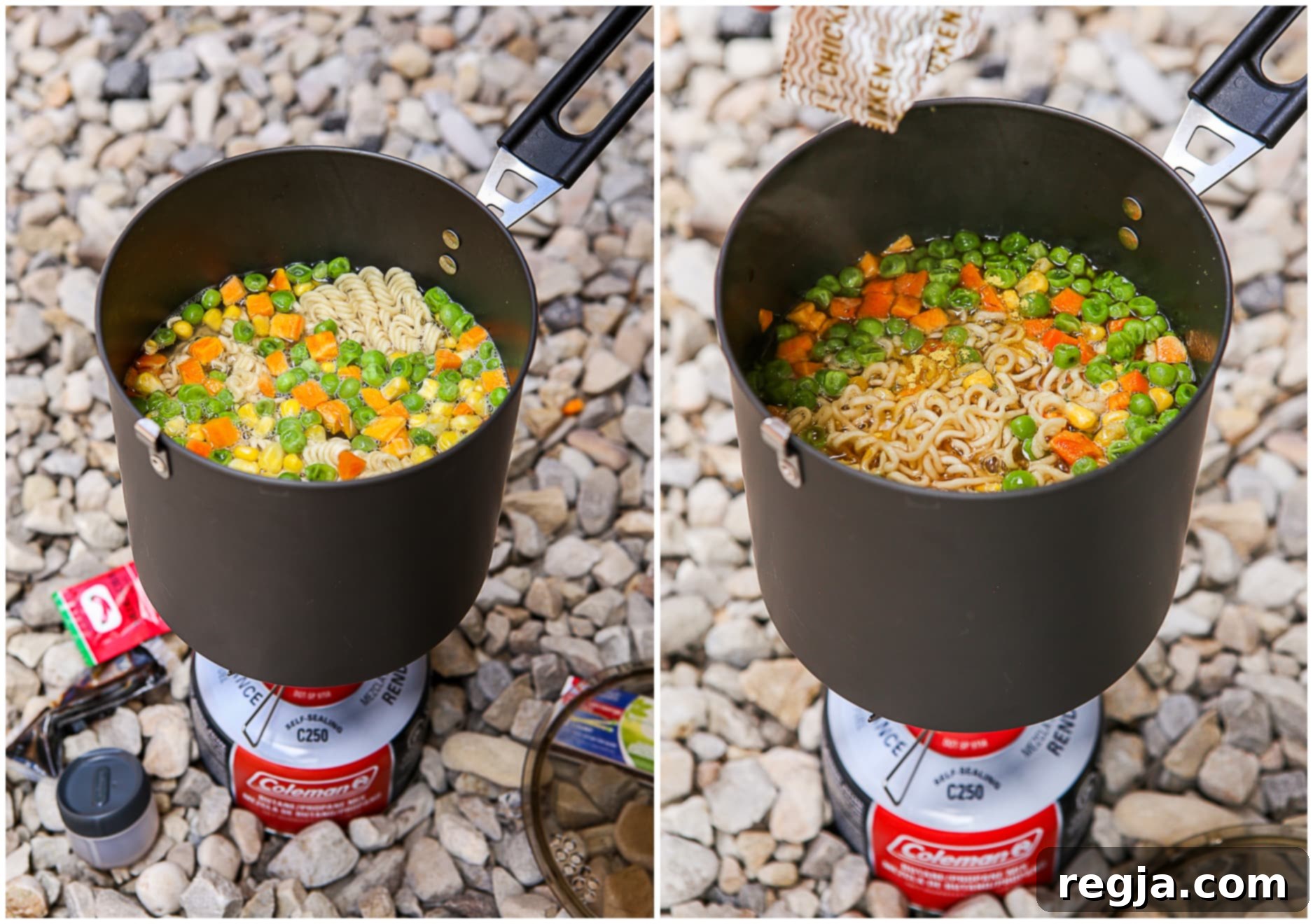 Μαγείρεμα noodles και λαχανικών σε κατσαρόλα πάνω από φωτιά κάμπινγκ