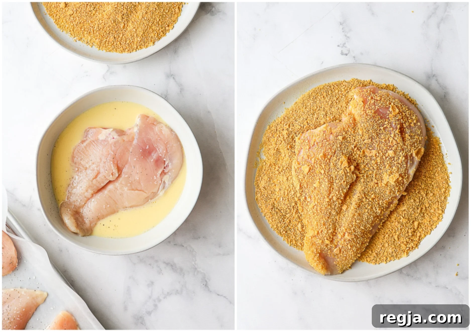 coating chicken in egg wash and cornflake crumbs