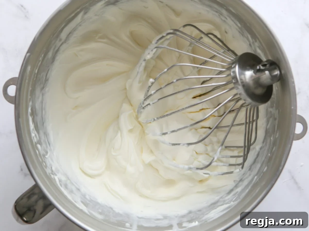 whipped chantilly cream frosting in bowl with whisk attachment