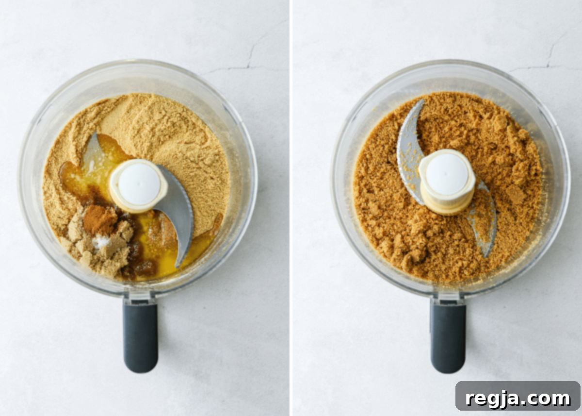 Ανάμειξη του μείγματος βάσης graham cracker σε επεξεργαστή τροφίμων