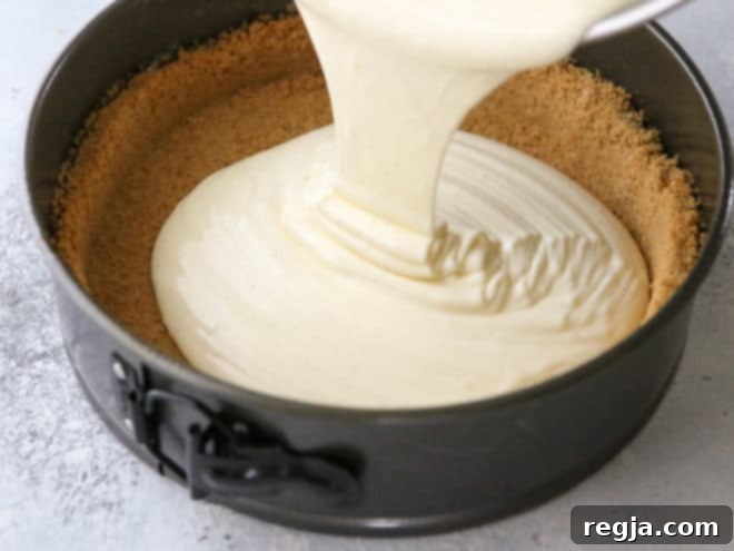 Ρίχνουμε τη γέμιση του cheesecake στη βάση