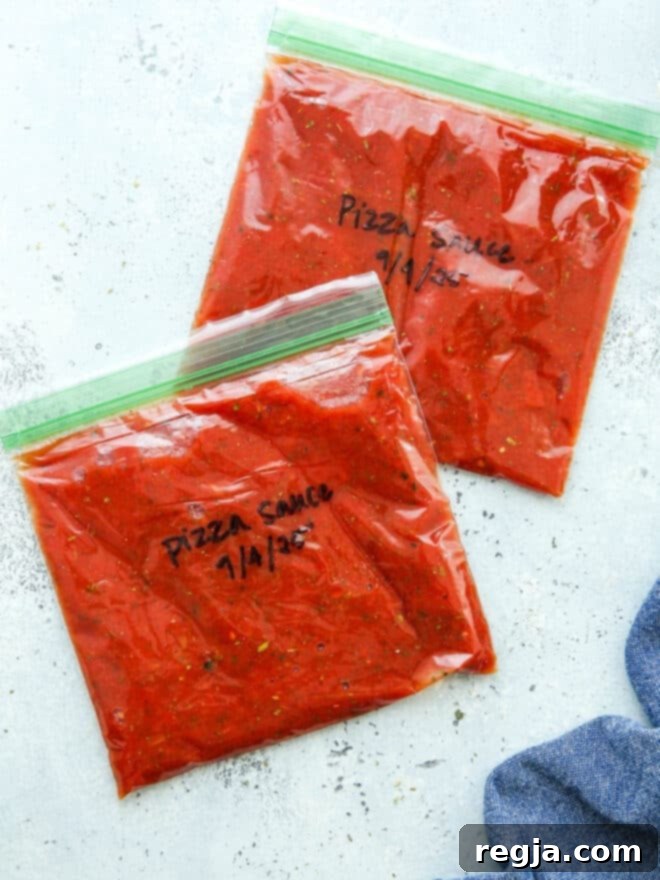 Σάλτσα πίτσας σε μερίδες σε σακούλες ziplock για κατάψυξη