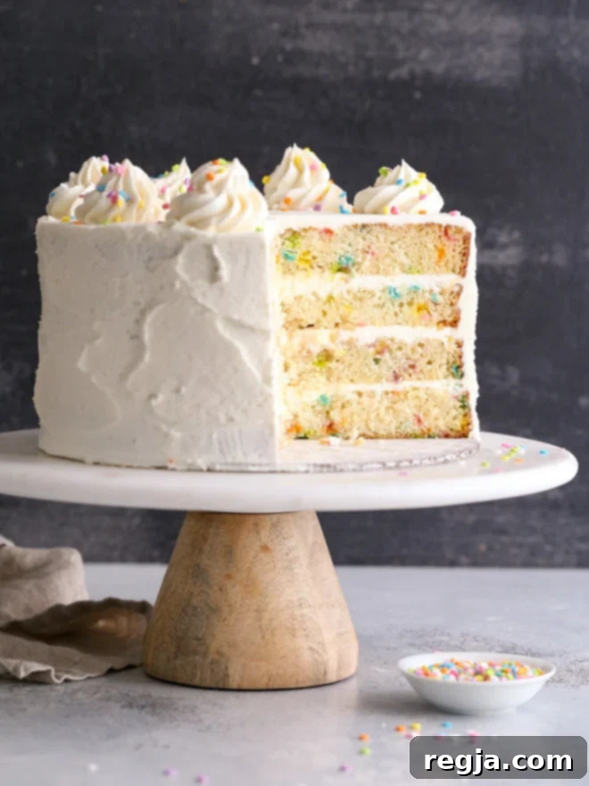 Αυτή η τούρτα funfetti φτιαγμένη με ελαφριές και βουτυράτες στρώσεις κέικ βανίλιας γεμάτες με πολύχρωμη τρούφα και αφράτη βουτυρόκρεμα βανίλιας είναι ένα τόσο διασκεδαστικό και χαρούμενο γλυκό!